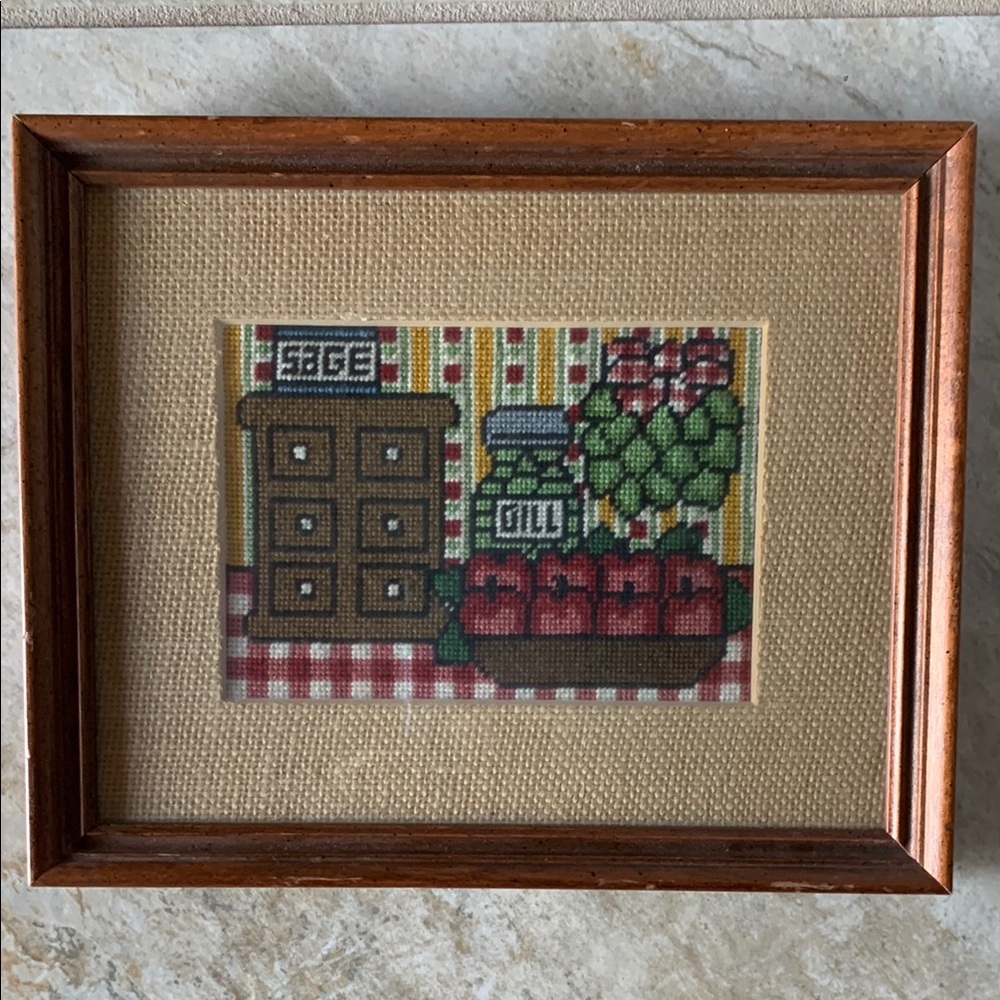 Handmade from 1981 needlepoint cross-stitch framed kitchen decor sage basil 9x11